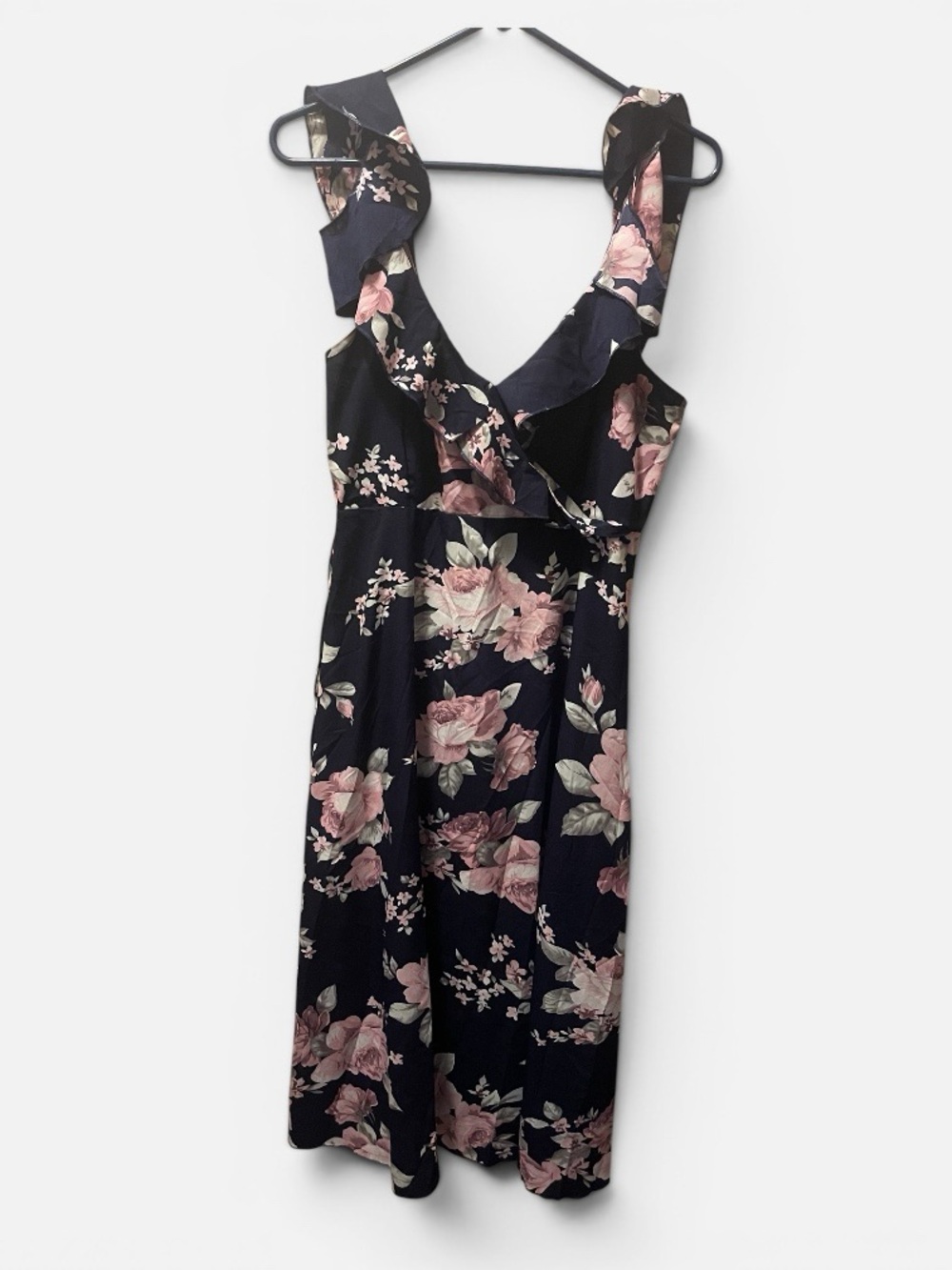 Floral Ruffle V-Neck Women's Dress in Navy and Pink
